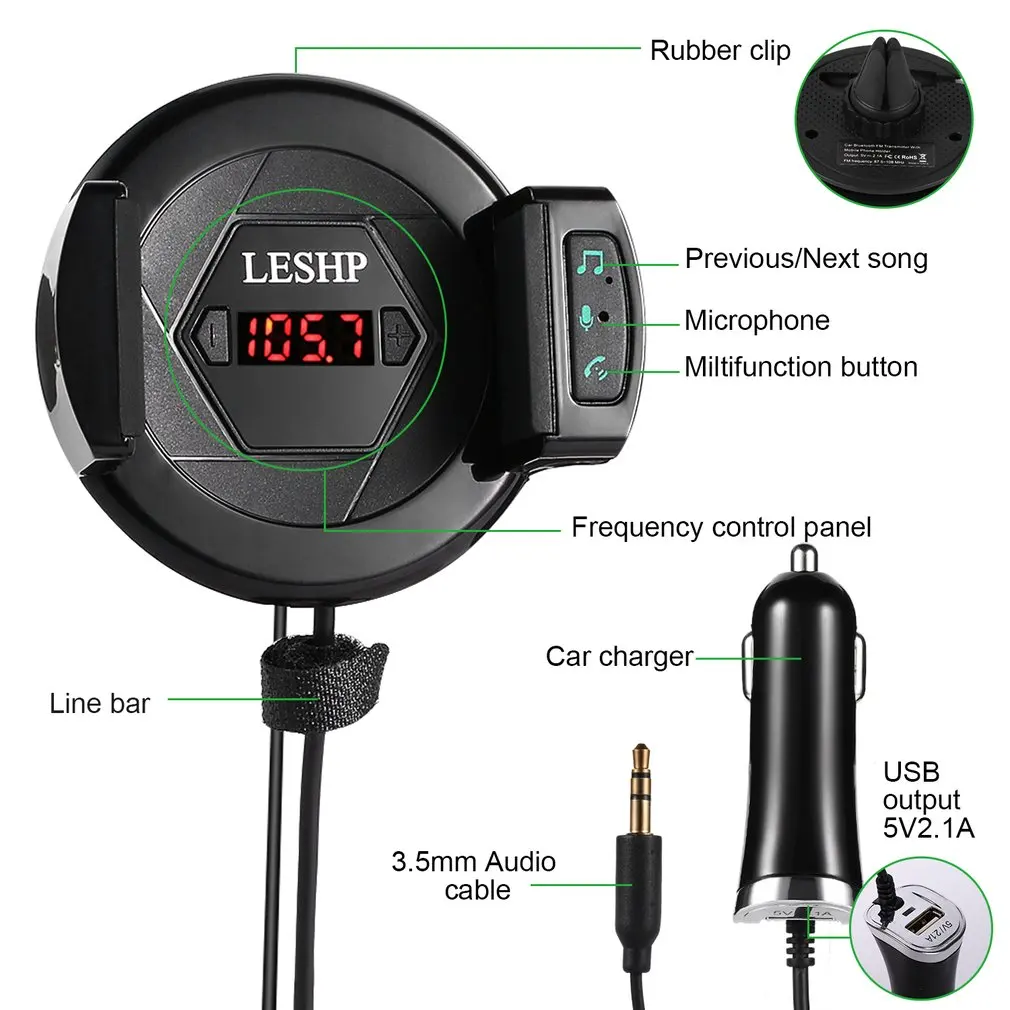 LESHP 5 V/2.1A Быстрая зарядка Hands Free Встроенный микрофон Многофункциональный Авто fm-передатчик для телефона 2,1-3,2 дюймов
