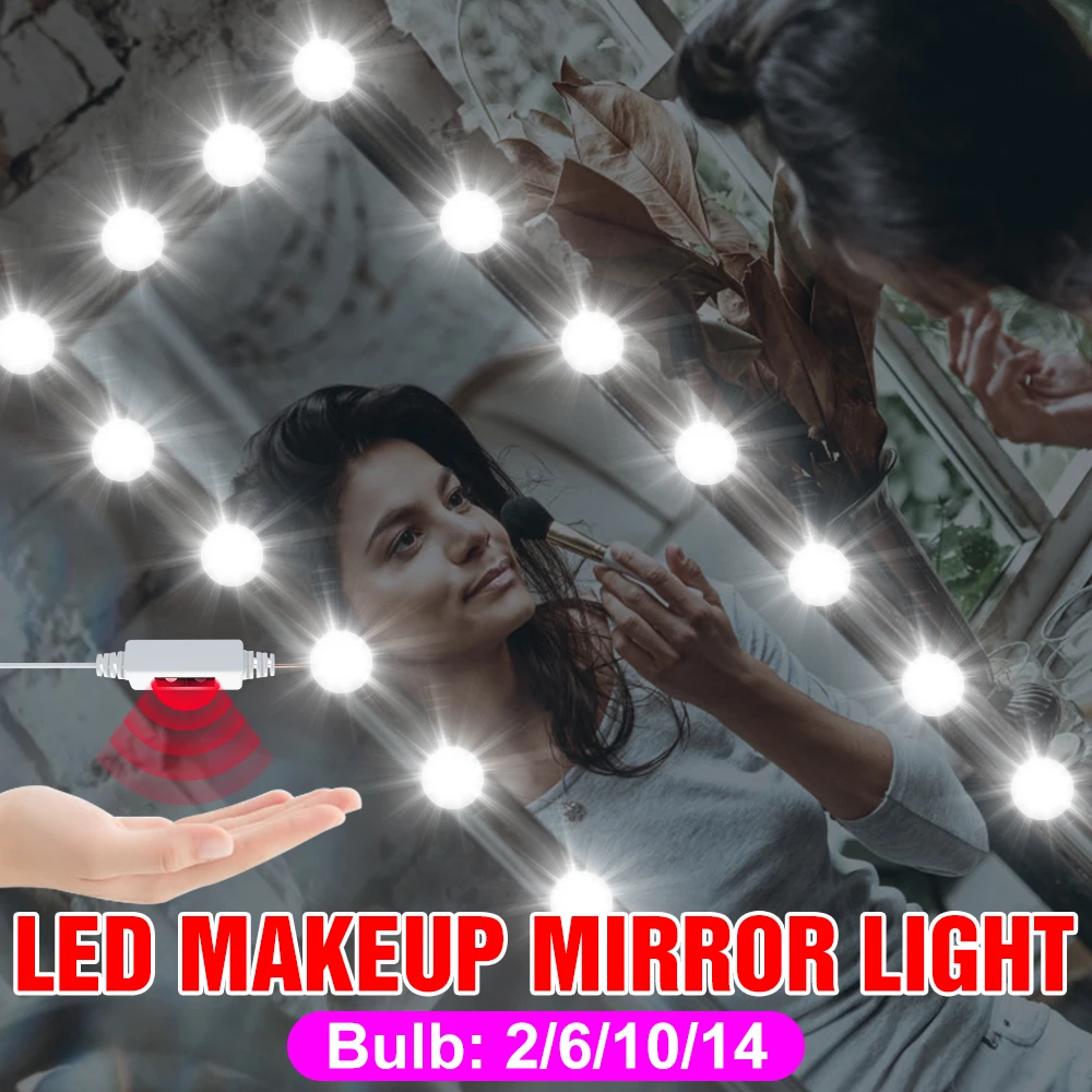

12V LED Mirror Lamp Hand Sweep Dimmable Vanity Mirror Light Hollywood Style LED Beauty Lamps 14 Bulbs USB Dressing Table Lights