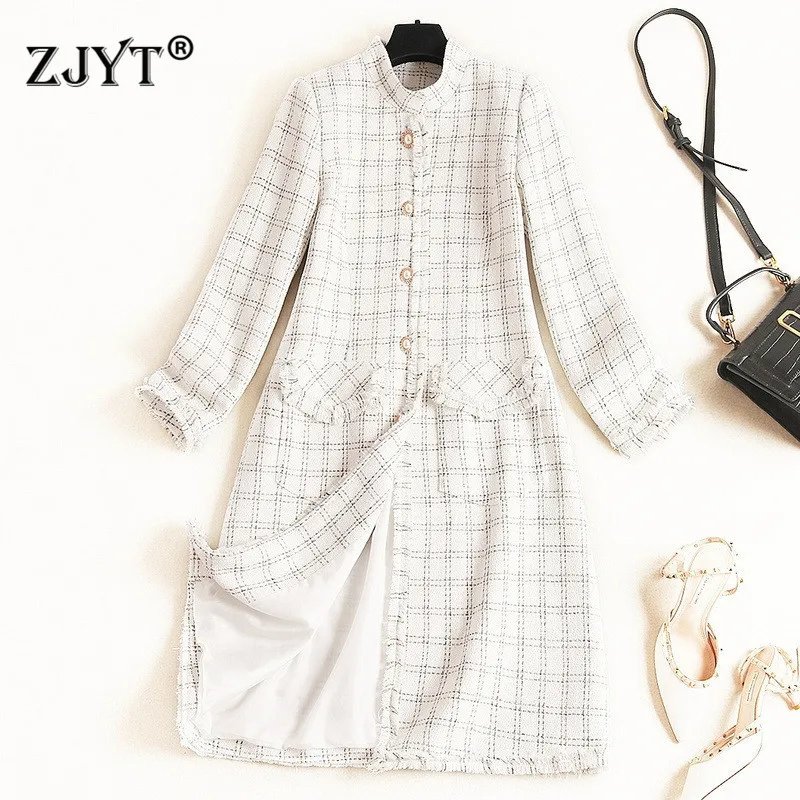 

Runway Fashion Fall Winter Tweed Woolen Jackets and Coats 2019 New Women Full Sleeve Plaid Long Wool Blend Overcoat Outerwear