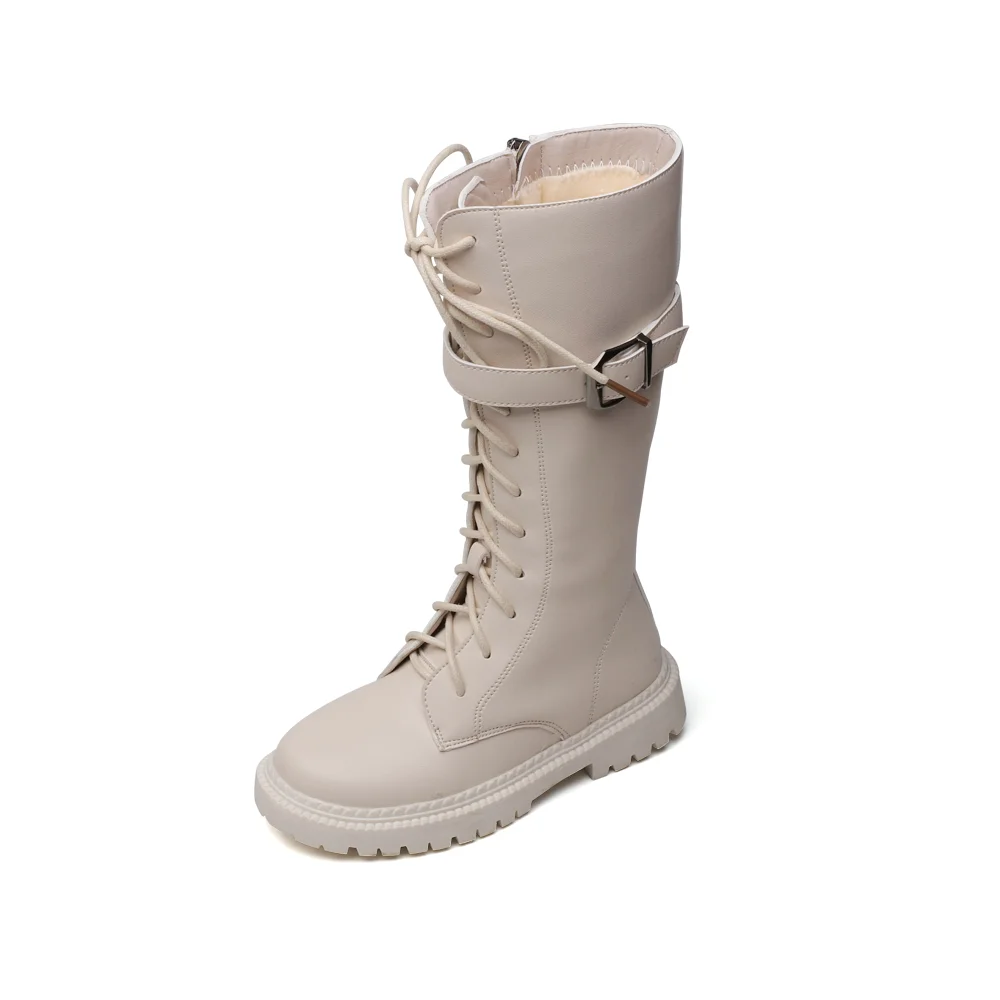 SZ158Beige Зимние сапоги для девочек Кожаная обувь модные высокие сапоги до колена на шнуровке Нескользящие Детские сапоги для маленьких девочек, размер 26-30, SZ158 - Цвет: SZ158Beige