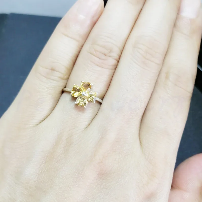 Натуральный настоящий цитрин кольцо 0.35ct* 4 шт драгоценный камень Любовь Сердце цветок стиль Серебро 925 пробы# C981809