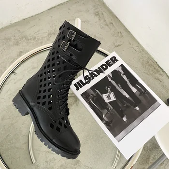 

2020 New Designer Gladiator Boots Women Solid Hollow Out Low Heels Flat Boots Lace Up Mid Calf Boots Western Cowboy Boots Shoes