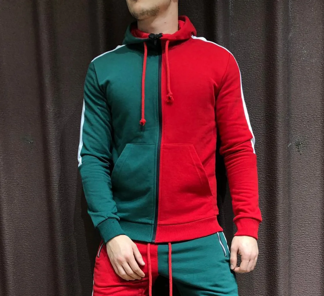 Половина черный половина белые брюки и футболка мужской спортивный костюм сращивающийся костюм мужской спортивный костюм Толстовка комплект из двух предметов осень-зима спортивный костюм - Цвет: green coat