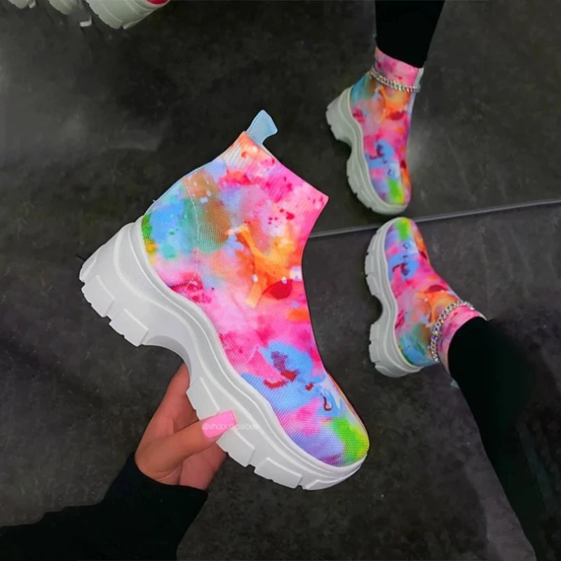 Женская обувь с граффити Вулканизированная женская Радужные носки Кроссовки