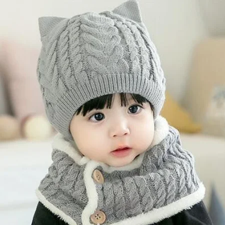 Зимний Теплый детский шарф с кошачьими ушками, хлопковые вязанные шапочки для малышей, милая удобная одежда, аксессуары для детей 1-4 лет - Цвет: Светло-серый