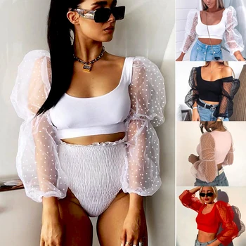 

Hot New Women See-through Sheer Mesh Dot Puff Sleeve Ladies Blouse Short Shirt Tops Womens Skinny Shirts Black White Red Pink