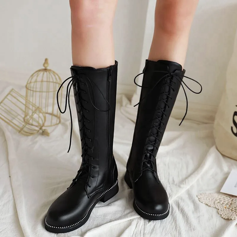 KemeKiss Mid-Calf Women Boots Solid Color Women Shoes Cross-Tied Flats Fashion Casual Outdoor Round Toe Footwear Size 30-39