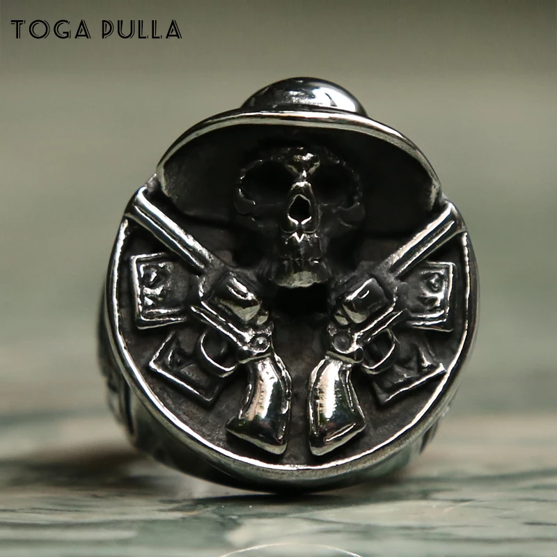 Vintage Huge Heavy Cool Skull Ring 316L Stainless Steel Double Guns Big Male Gothic Punk Biker Jewelry Size 8-14 | Украшения и