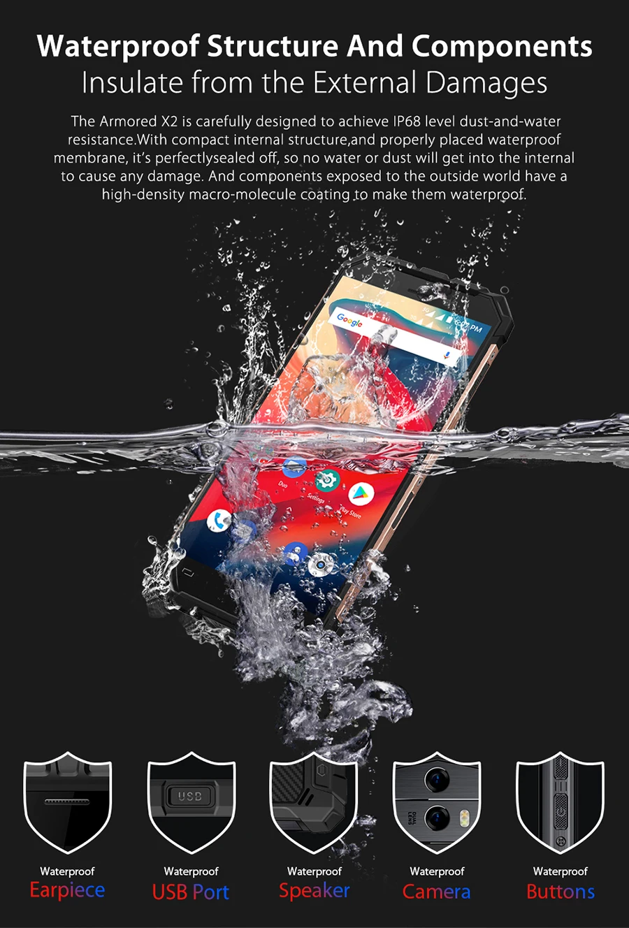 Ulefone Armor X2 водонепроницаемый IP68 смартфон 5," HD 18:9 четырехъядерный Android 8,1 2 Гб ОЗУ 16 Гб ПЗУ 13 МП NFC 5500 мАч 3G мобильный телефон