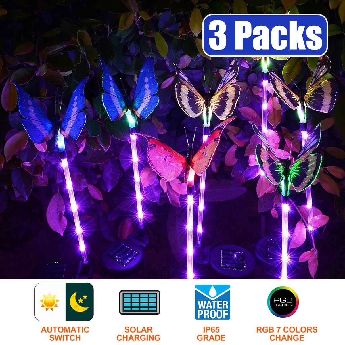 

3Pcs/Set Multi-Color RGB Outdoor Solar Lights Butterfly Garden Lights LED Solar Powered Lights for Garden Patio Yard Decoration