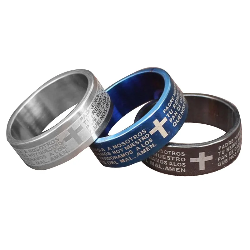 Stainless Steel Ring For Women Wedding Jesus Cross Letter Bible Prayer Finger Anel Casal Men Amulet Jewelry Anillos Mujer | Кольца для
