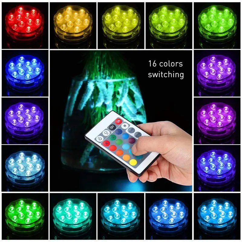 Submersible LED Lights, 10 RGB LEDs, 16 Colors Waterproof Underwater Lights, Battery Powered with IR Remote Controller for Aquar