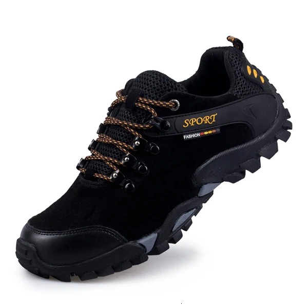 Black Light Weight Hiking shoes Men suede leather Climbing Trekking shoes outdoor Mountain walking shoes for men sneakers plus size 46 - Цвет: Black