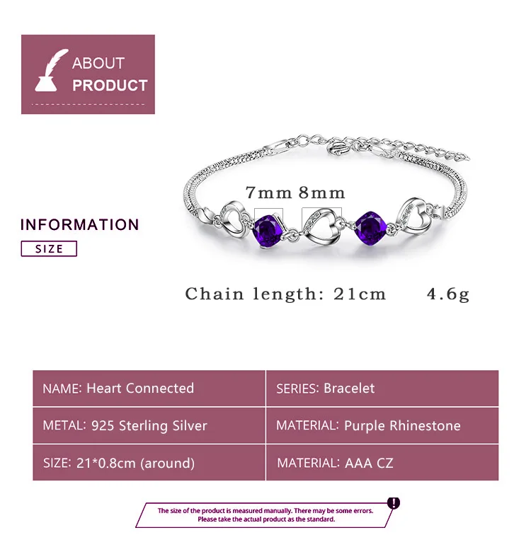 Heart Connected Charm Bracelets Women Fine Real Silver Double Bracelet 925 Sterling Silver Original Jewelry Purple Stone Zircon