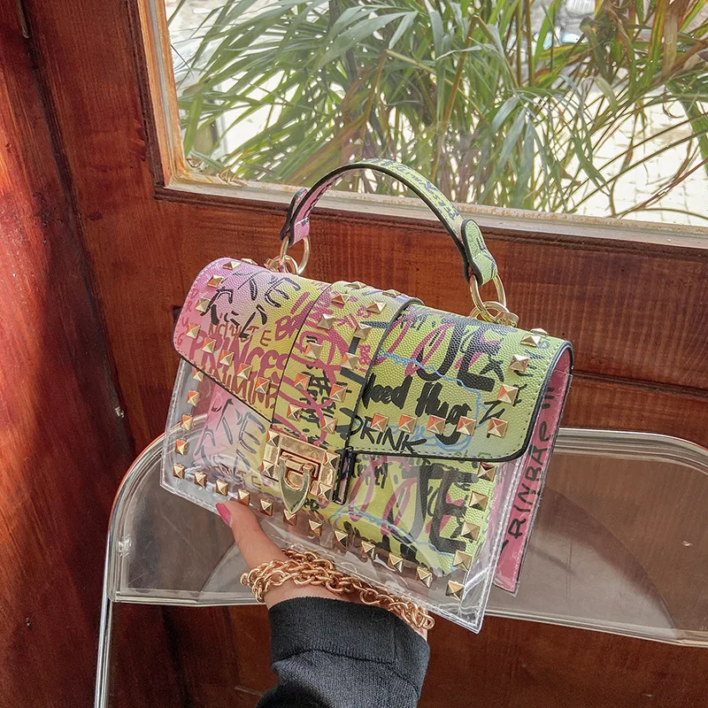 PVC Transparent Jelly Bag 2022 Fashion Graffiti Chain Single Shoulder Messenger Bag Purses and Handbags Tote Bags for Women