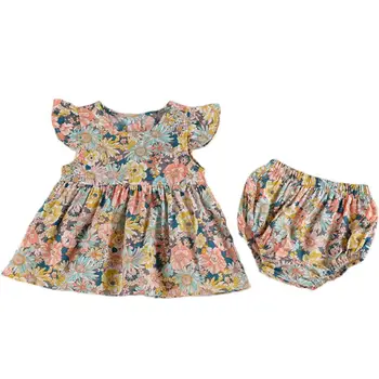 

2020 New Summer 2pcs Toddler Baby Girls Outfits Clothes Fly Sleeve Floral Button Tops Dress + Floral Bloomer Shorts Sets 0-3t