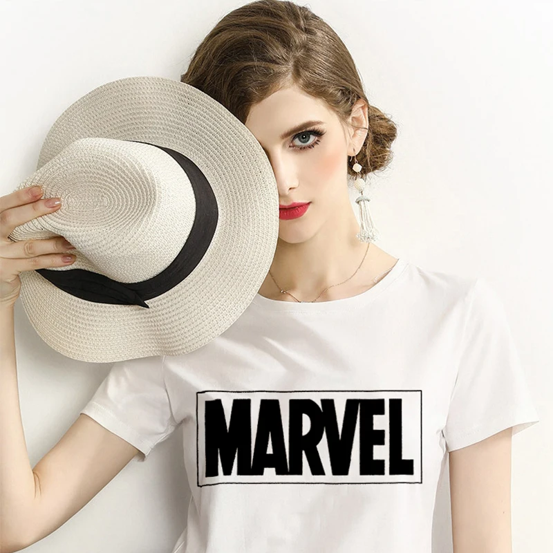 Модная женская футболка Marvel с коротким рукавом и принтом Harajuku, футболка с круглым вырезом и надписью, белые топы, женская одежда