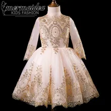 Модное детское элегантное милое Золотое Платье с длинными рукавами для девочек на день рождения, вечеринку, зимнее платье, официальный танцевальный костюм