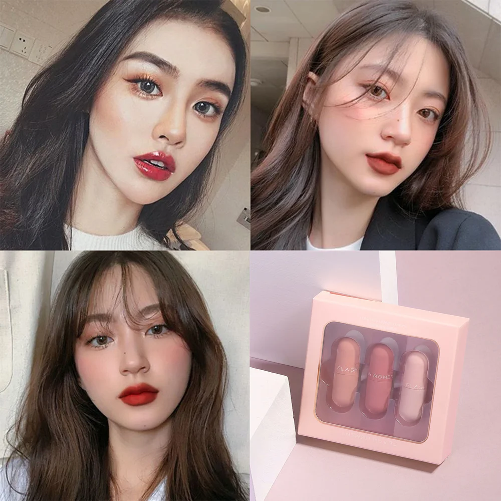 Pudaier 3 Pcs/set Matte Lip Gloss Tint Lips Makeup Moisturizer Liquid Matt Lipstick Long Lasting Nude Mat Red Brown Lipgloss Set