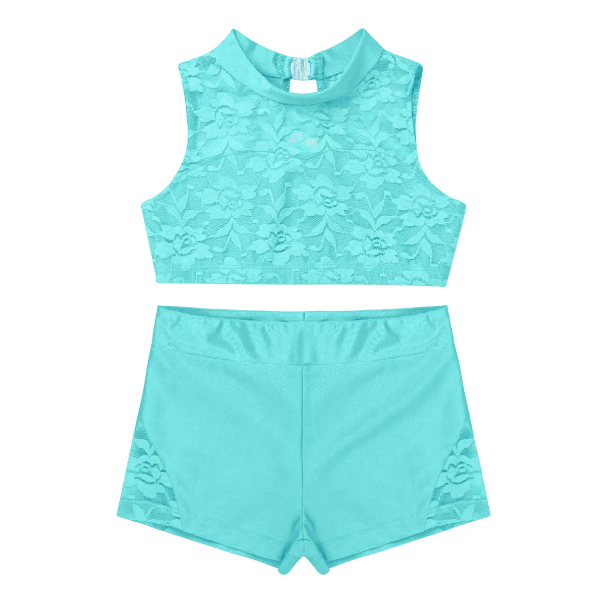 

Kids Girls Sports Yoga Workout Gymnastics Outfits Ballet Dancewear Floral Lace Tank Crop Top With Leggings Shorts Clothes Set