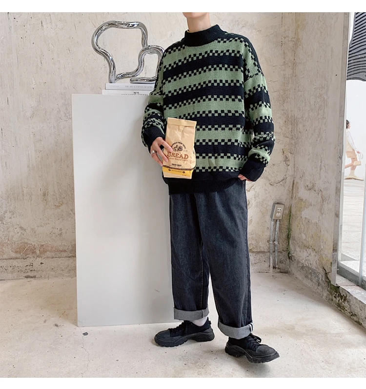 Winter New High Collar Sweater Men Warm Fashion Contrast Color Casual Knit Pullover Male Clothes Loose Long Sleeve Sweater Men