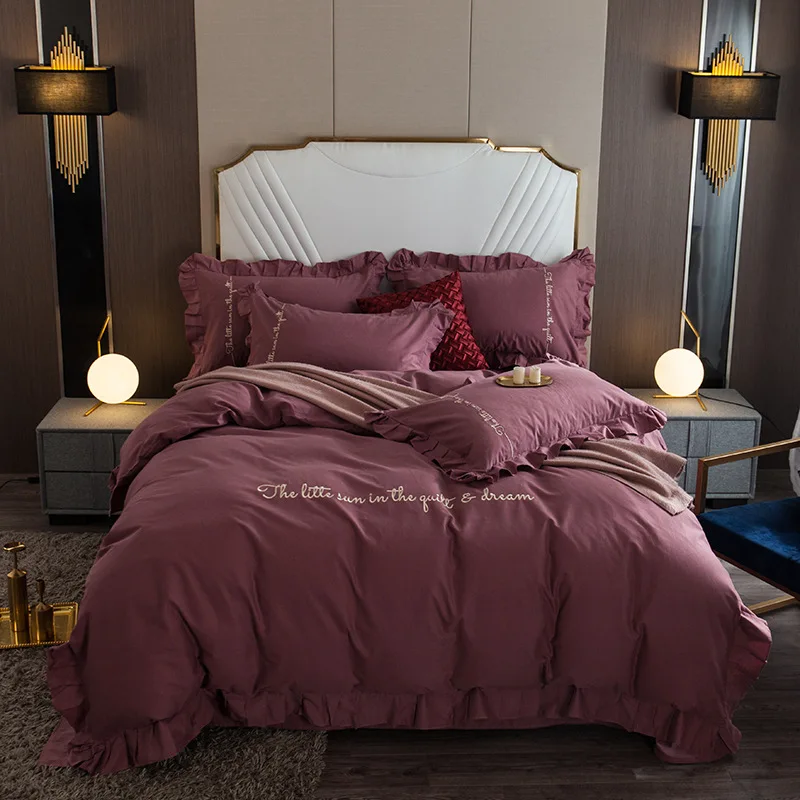 Simple Style 60support Embroidery Thickening Grinding Wool Bedding 4-piece Set Ruffled Bed Sheets Quilt Cover Soft Delicate