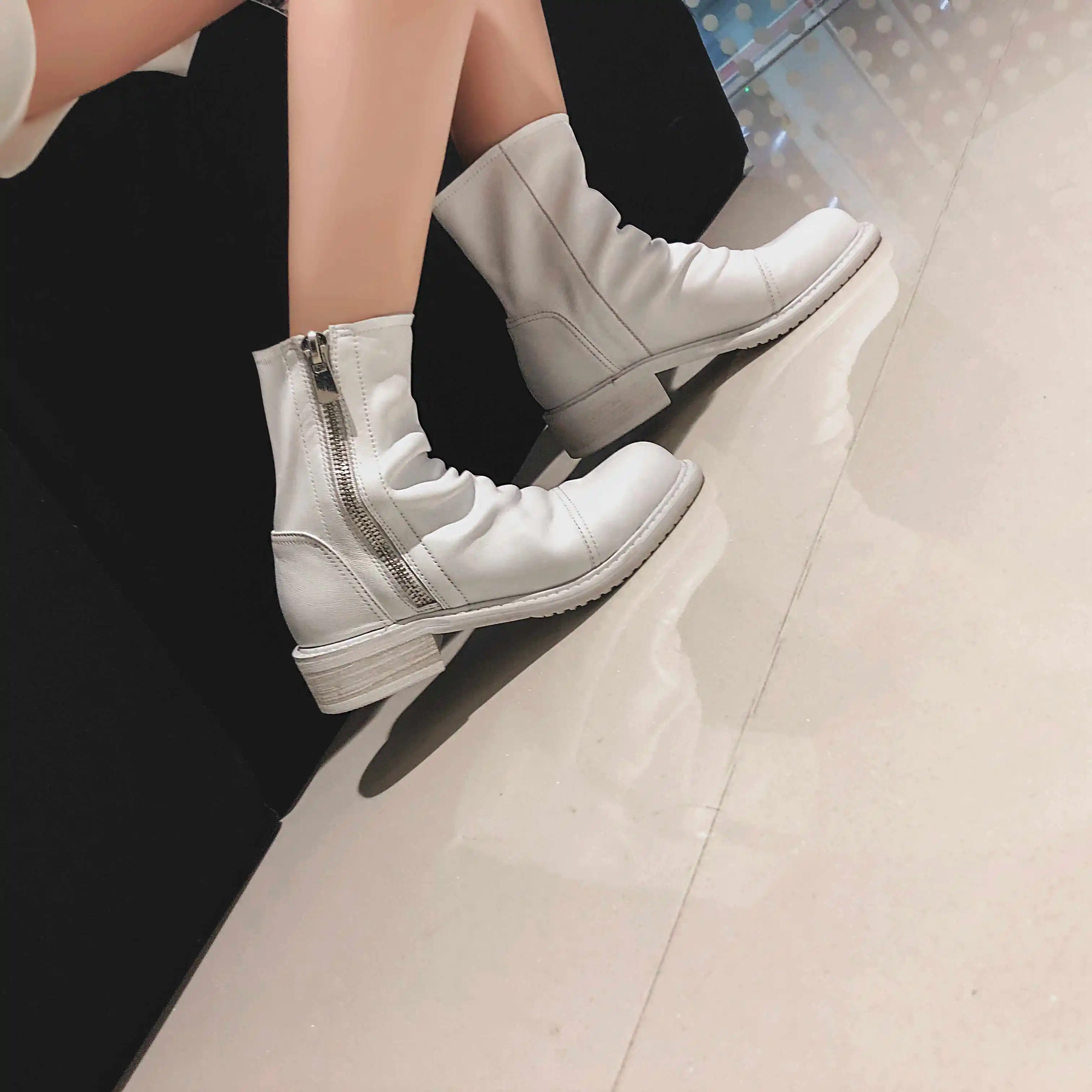 krazing pot pleated sheep leather superstar low heel western round toe zipper personalized design wear mid-calf boots l09