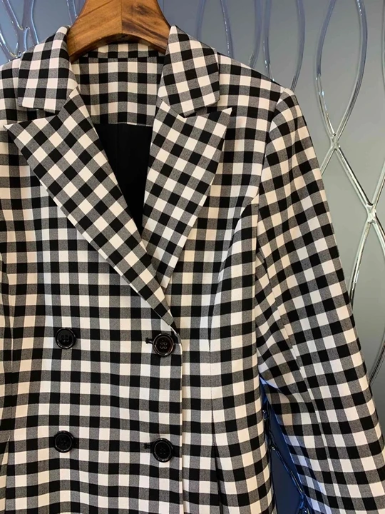autumn Early new women's Lapel double-breasted decorative Plaid long sleeve mid-long jacket 919