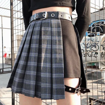 

LANMREM 2020 New autumn Plaid Fake Two Pieces Splice Skirts Women Korea Big Size Irregular Pleated Skirt Female Bottom PF409