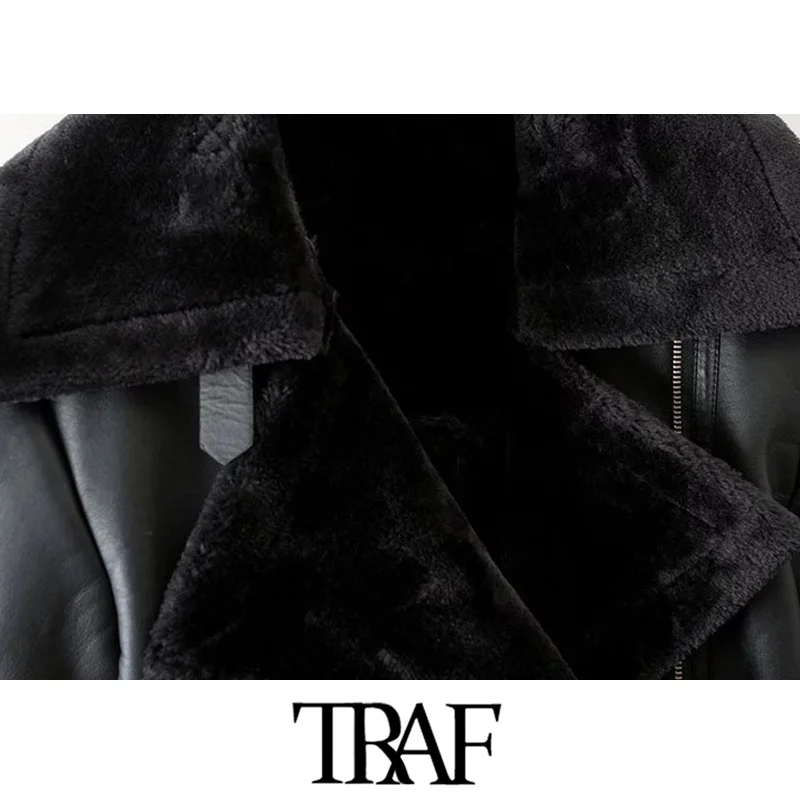 TRAF Женская винтажная стильная Толстая теплая меховая куртка из искусственной кожи, модное пальто с длинным рукавом и поясом, женская верхняя одежда, шикарные топы
