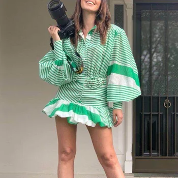 

2020 Summer New Lantern Sleeve Irregular Striped Buckle Waistband Ruffled Dress Women