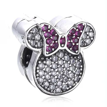 

Authentic 925 Sterling Silver Bead Charm Pave Minnie With Crystal Clip Stopper Beads Fit Pandora Bracelet DIY Jewelry