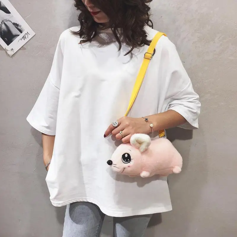 Best New Fashion Handbags Solid Color Women Cartoon Cute Shoulder Bag Plush Phone Purse Lovely Mouse Crossbody Bags Daily Shopping