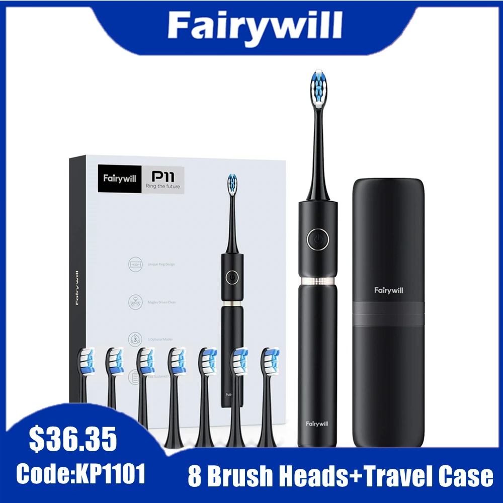 Fairywill Sonic Electric Sonic Toothbrush P11 Plus Waterproof Powerful Fast Charging Smart Timer with 4 Replacement Heads Travel