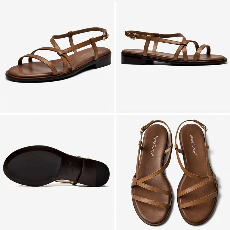 BEAUTODAY Gladiator Sandals Women Cow Leather Narrow Band Slingback Buckle Strap Summer Beach Ladies Flat Shoes Handmade 32283
