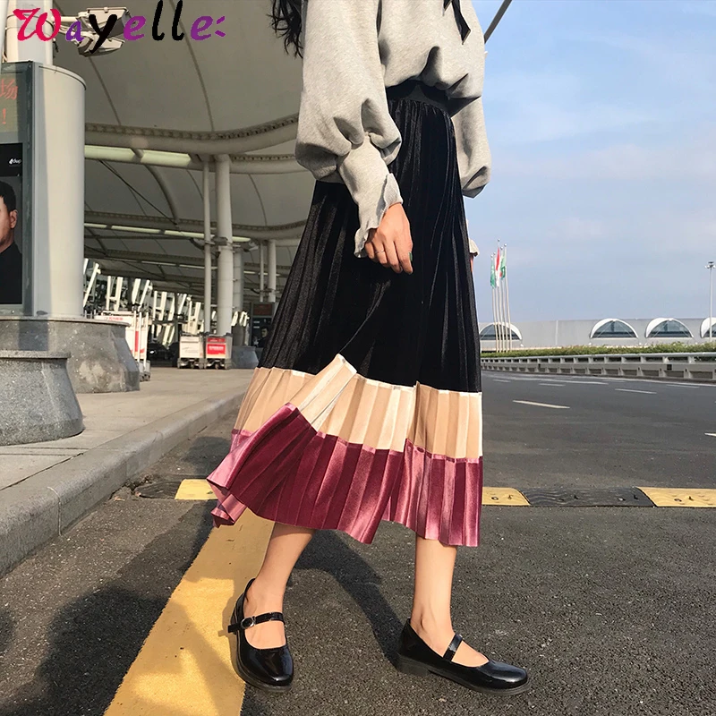 Бархатная Женская юбка с высокой талией и оборками, винтажная плиссированная юбка в стиле пэчворк, хит цвета, уличная длинная юбка, осенняя бархатная длинная юбка
