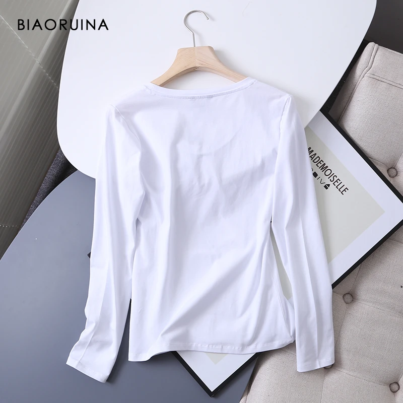 BIAORUINA Womens Cotton Basic All-match V-neck T-shirt Long Sleeve Korean Style Slim Everyday Tees Casual Tops