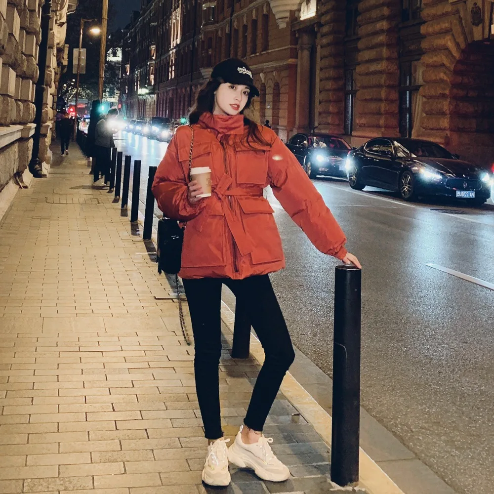

Photo Shoot Versitile Fashion Waist Hugging Lace-up Cotton Overcoat 2019 Winter New Style WOMEN'S Dress Retro Large Pocket Cotto