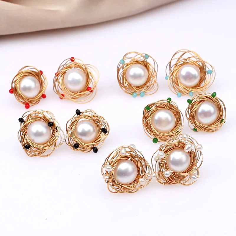 Refined pure handmade gold filled cultured 9-10mm fresh water real pearl ear rings modern safe 925 silver stud earring | Украшения и