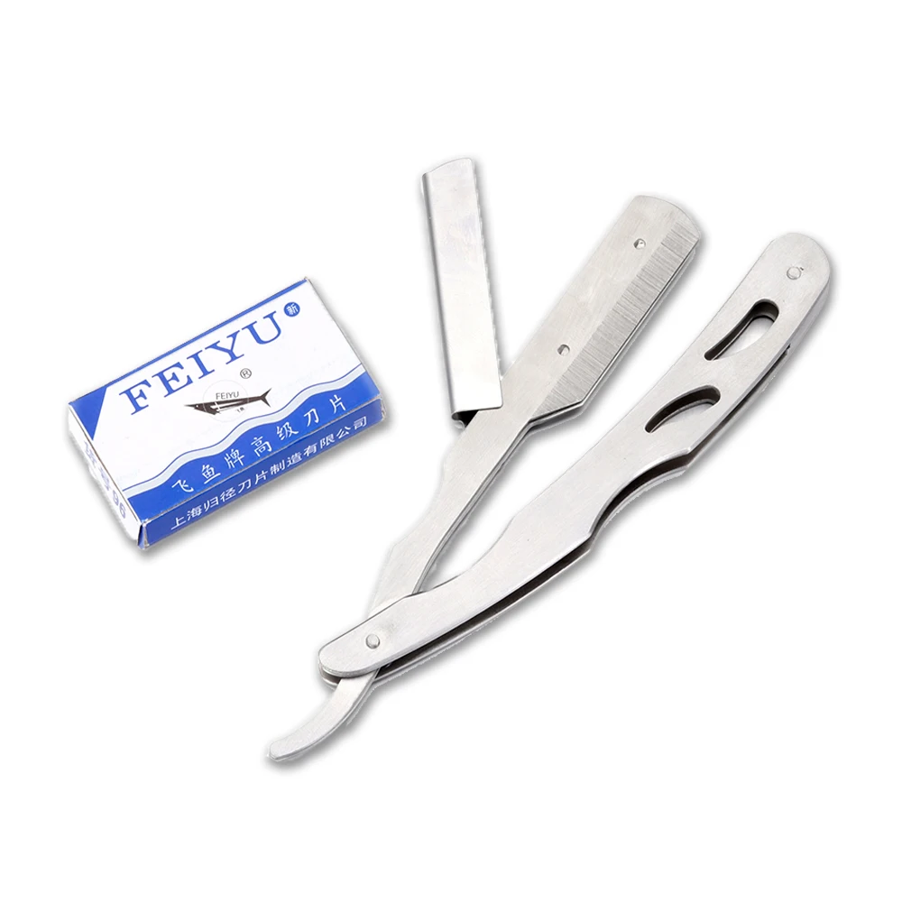 Maquinilla de afeitar profesional con borde para peluquería, navaja de afeitar plegable de acero inoxidable, removedor de vello facial con 10 Uds.