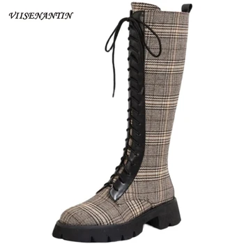 

Retro British Style Patterned Thick-soled High-tube Knee-high Knight Boots Trendy Female Lace-up Mid Heel Gingham Fabric Shoes