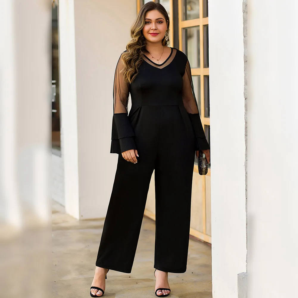 Autumn Large size Rompers Flare sleeve Sexy V Neck Womens Jumpsuit Ladies Party Regular Mesh Sleevee Club Wide Leg Pants
