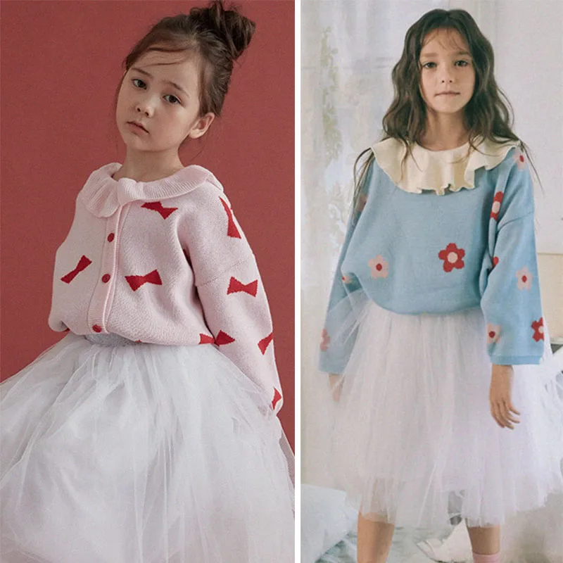 

Roan Jane Toddler Girls Winter Bow Tie Flower Sweaters Cute Beautiful Knit Pullover Oversize Style Children Korean Style Tops