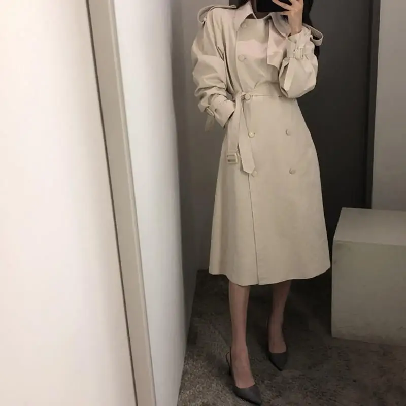 

Autumn Solid Double Breasted Long Trench Coat British Style Straight Windbreaker Pockets Belt Loose Casual Trench Coat