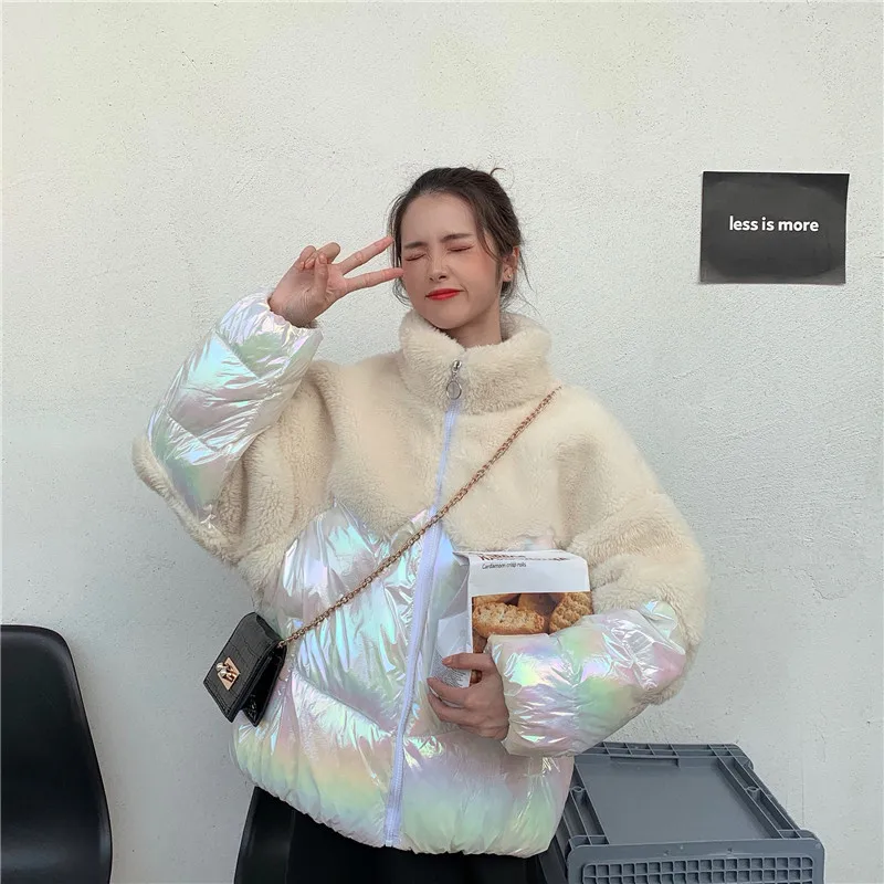 

Photo Shoot 2019 New Style Contrast Color Lambs Wool Stand Collar Fur Granule Fur Clothing Woolen Spell Coat Women's