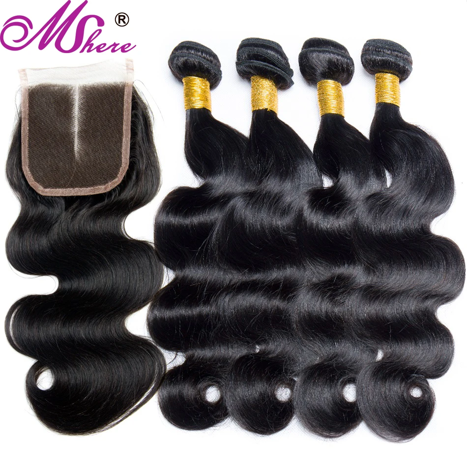 Mshere-extensiones de cabello humano peruano ondulado, con cierre de encaje, parte media, 4/5 Uds., extensiones de cabello humano con pelo de bebé