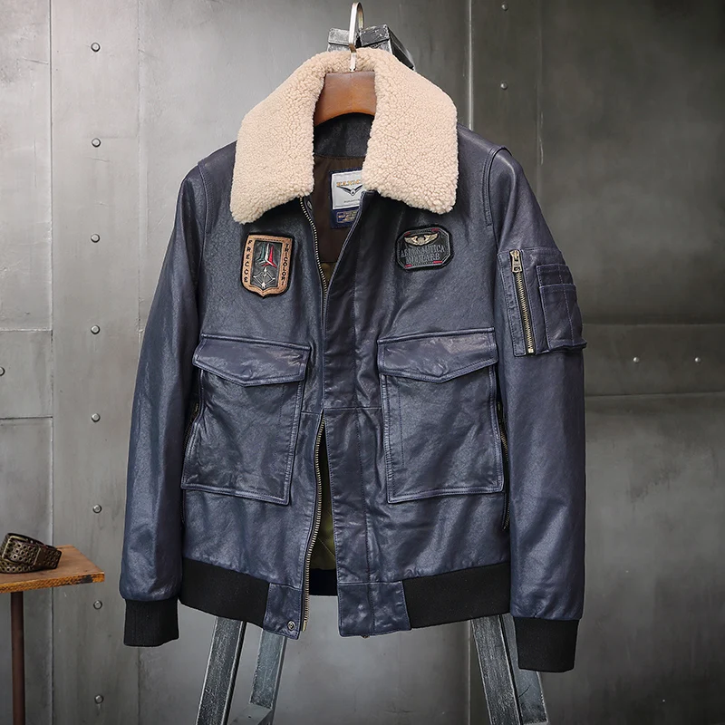 Мужские Зимние Куртки из натуральной кожи с вышивкой, куртки для мотоциклистов, авиатора, куртки-бомберы для мужчин, мужская куртка авиатора - Цвет: Синий
