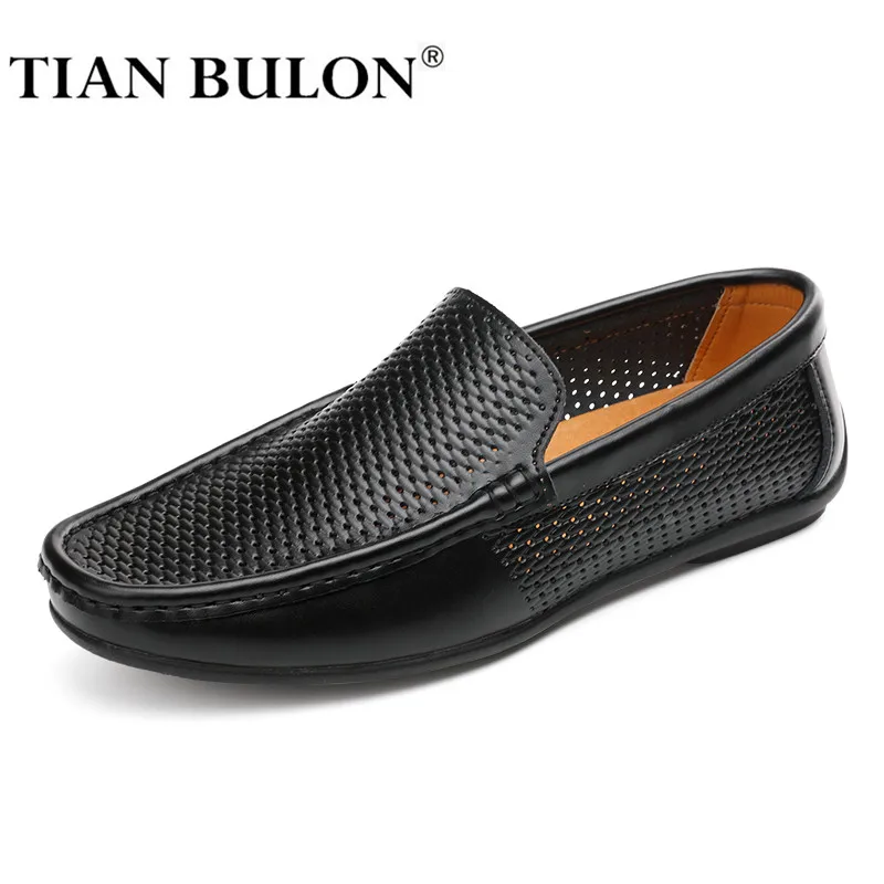 Summer Genuine Leather Men Casual Shoes Luxury Brand Mens Loafers Moccasins Hollow Out Breathable Slip on Men's Driving | Обувь