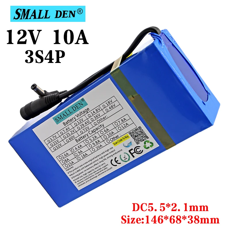 

12V 10Ah 18650 portable rechargeable lithium battery pack + 10A BMS + 12.6V 1A charger Street lamp LED lamp backup power battery