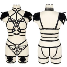 Перо эполета жгут набор панк готический Хэллоуин сексуальное женское белье тело Связывание упругие ремни клетка бюстгальтер Свадебные Ноги пояс